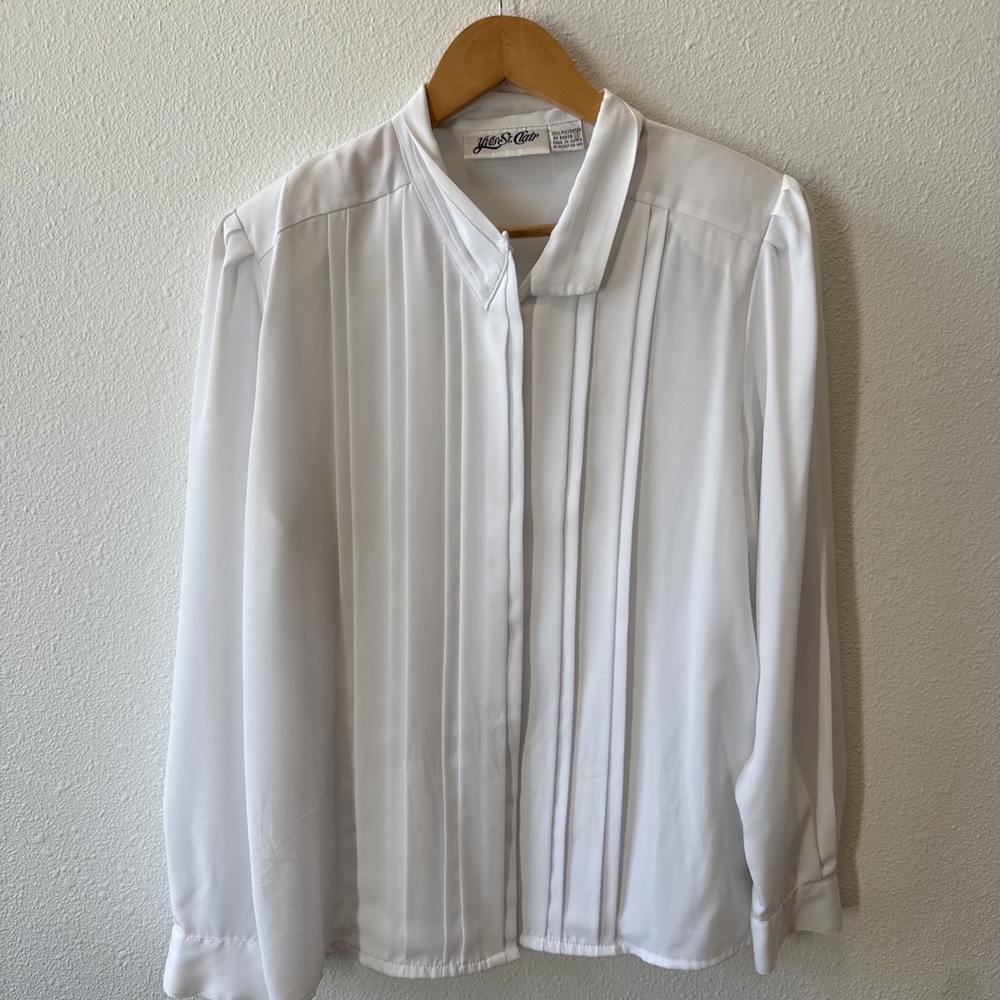 Yves St. Clair Pleated White Long Sleeve Blouse White Collar Sz 12 Vintage